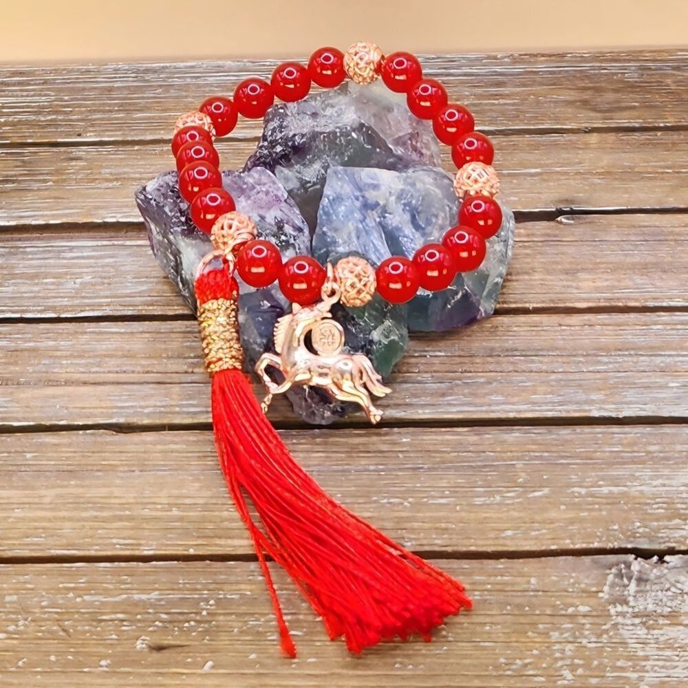 Red Chalcedony and Rose Gold Beaded Bracelet with Fire Horse Charm and Tassel